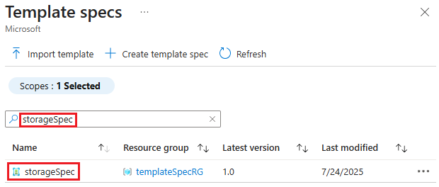 Screenshot of Template specs list with one item selected.