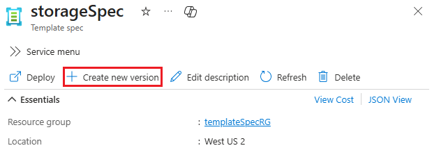 Screenshot of 'Create new version' button in Template spec details.