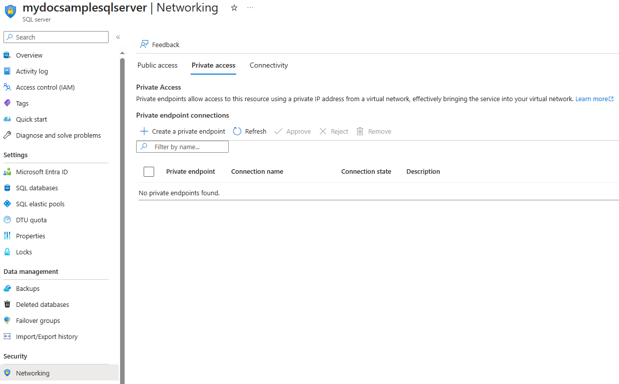 Screenshot that shows how to locate the list of private endpoint connections for the server resource.