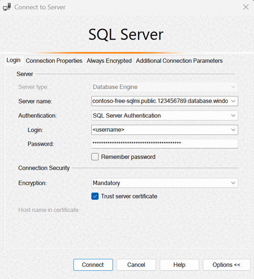 Screenshot of the Connect to Server dialog box in SQL Server Management Studio.