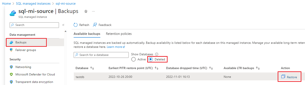 Screenshot of the Azure portal, Backups page of the SQL Managed Instance, showing deleted databases and selecting the Restore action.