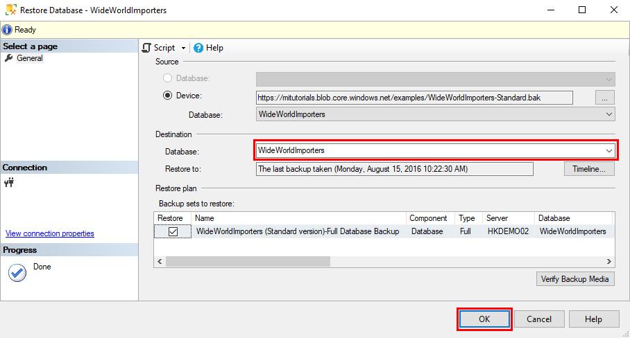 Screenshot of a page in the restore wizard. In the Destination section, the Database box is called out. The OK button is also called out.