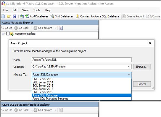 Screenshot of the "New Project" pane for entering your migration project name and ___location.