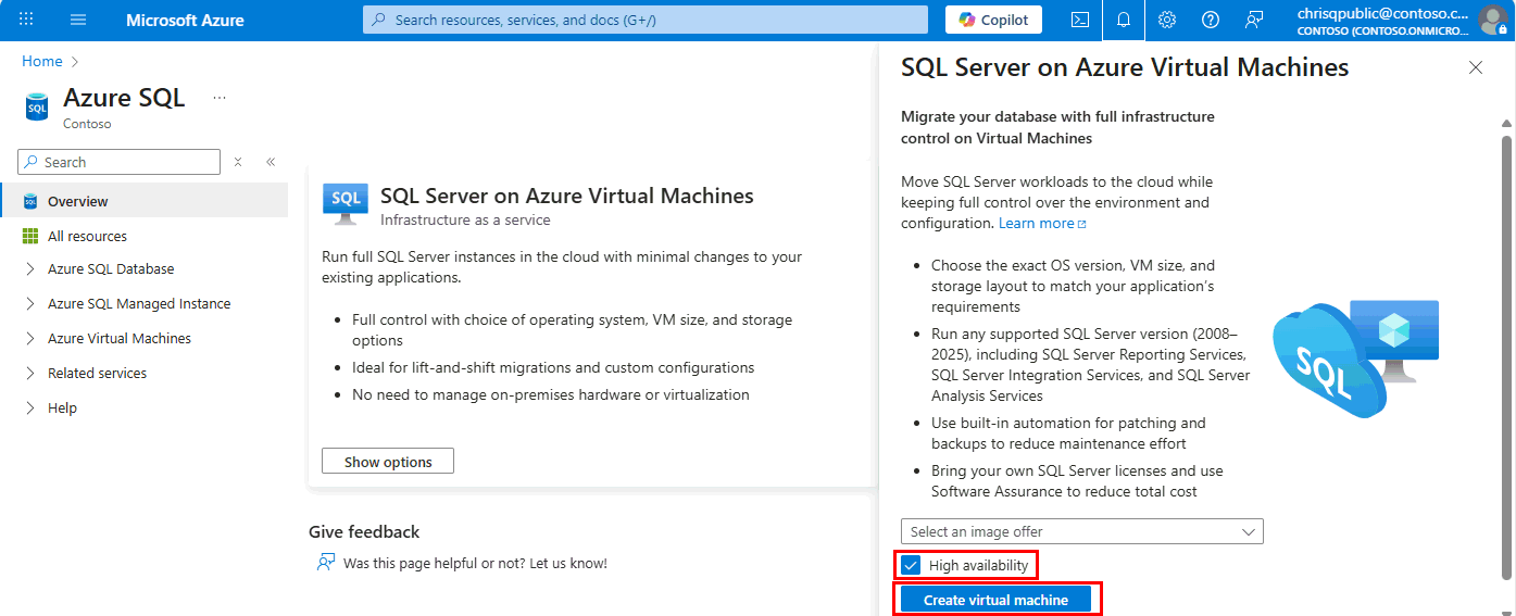 Screenshot from the Azure portal of the Azure SQL hub, showing the Show options button and the Create SQL Managed Instance button.