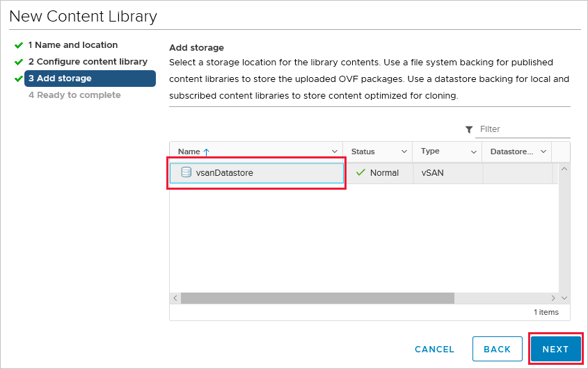 Screenshot showing the vsanDatastore storage ___location selected.