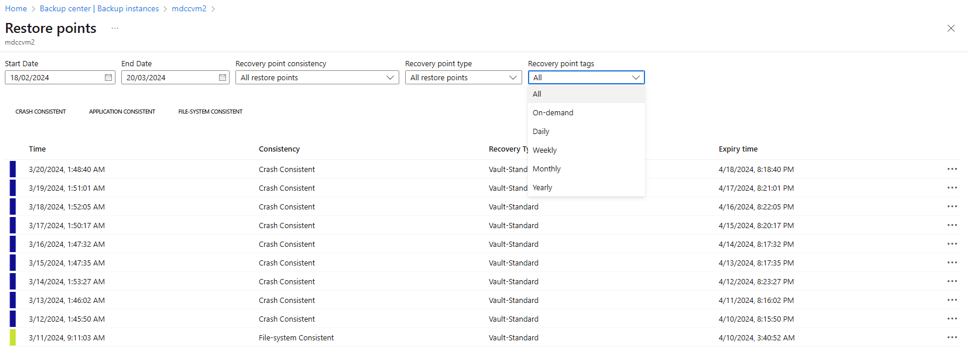 Screenshot shows how to filter recovery points for an Azure VM by daily, weekly, monthly, and yearly.