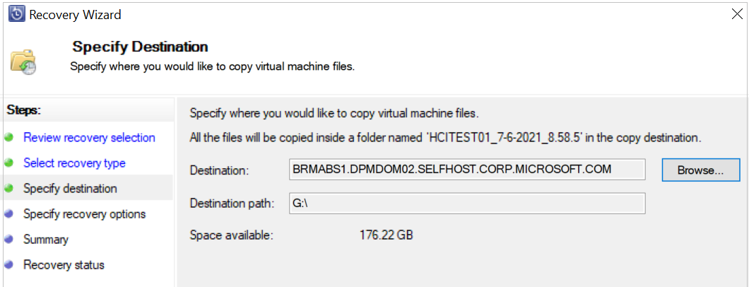 Screenshot shows how to specify ___location to recover files from Hyper-v VM.