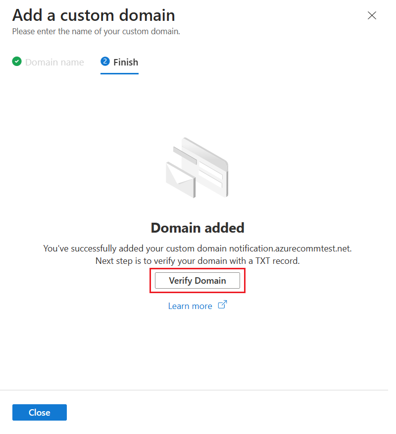 Screenshot that shows custom ___domain is successfully added for verification.