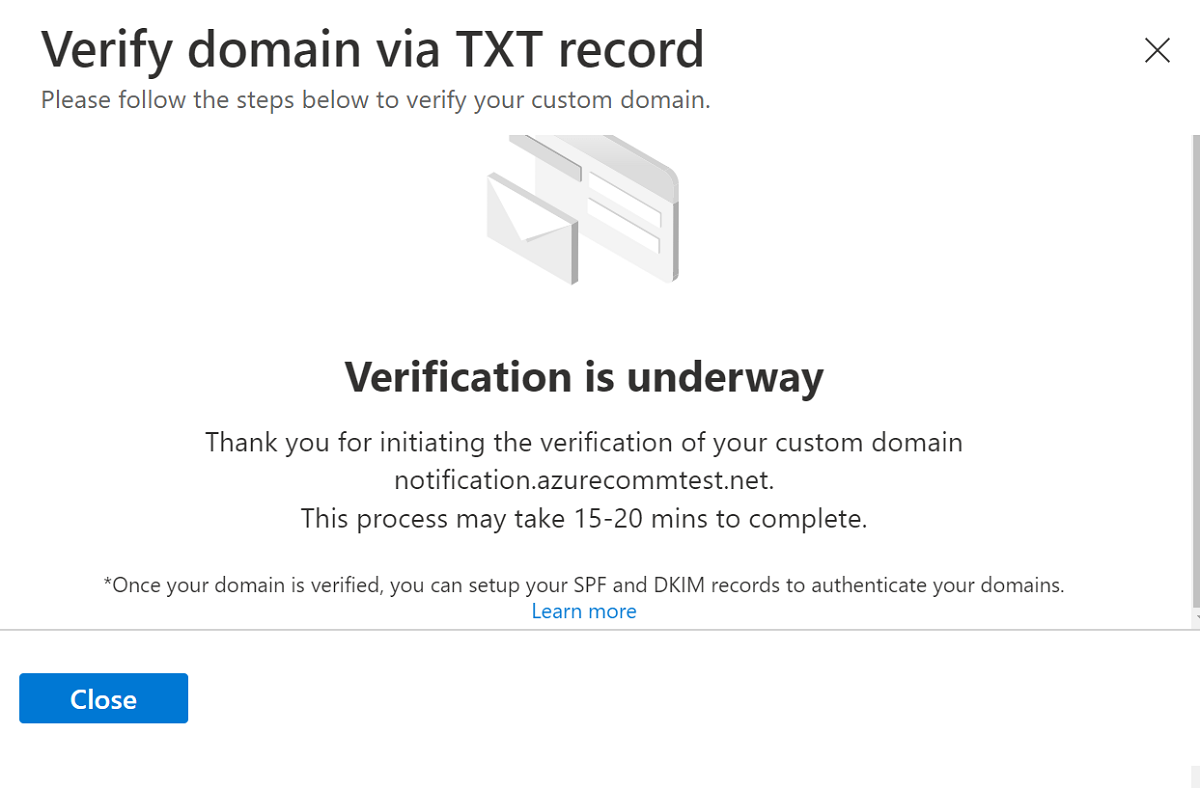 Screenshot that shows the ___domain verification is in progress.