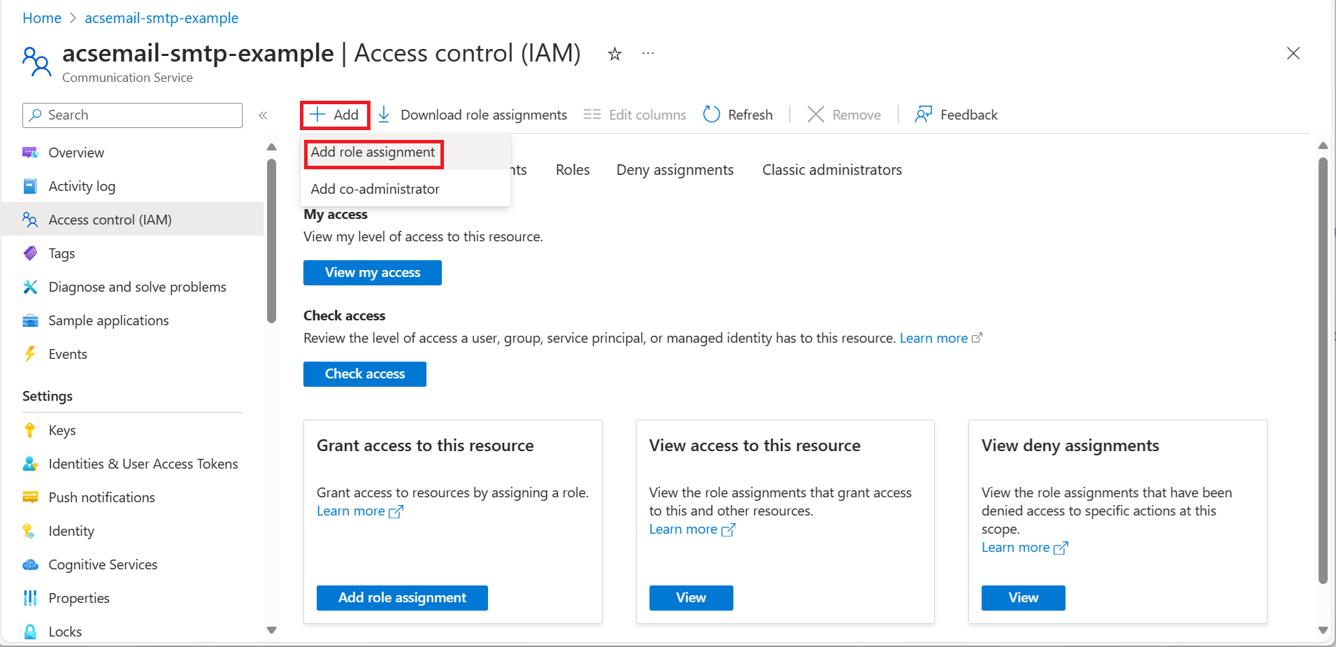 Screenshot that shows selecting Add role assignment for the Communication resource.