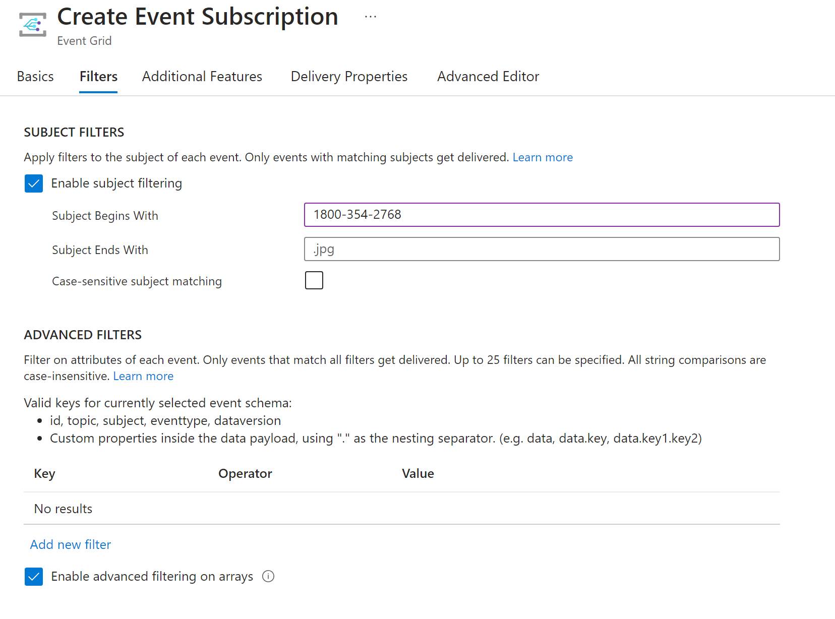 Screenshot highlighting Event Grid create filters page in the Azure portal.