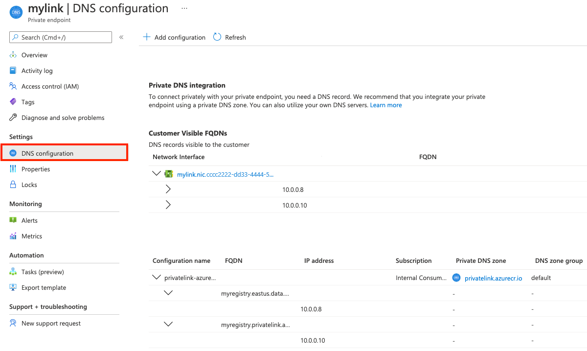 Endpoint DNS settings in portal