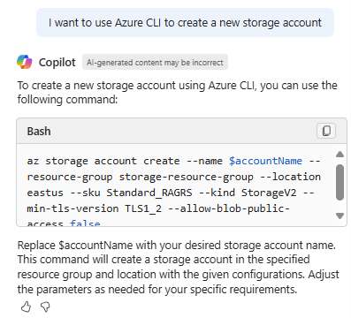 Screenshot of Microsoft Copilot in Azure providing Azure CLI commands to create a storage account.