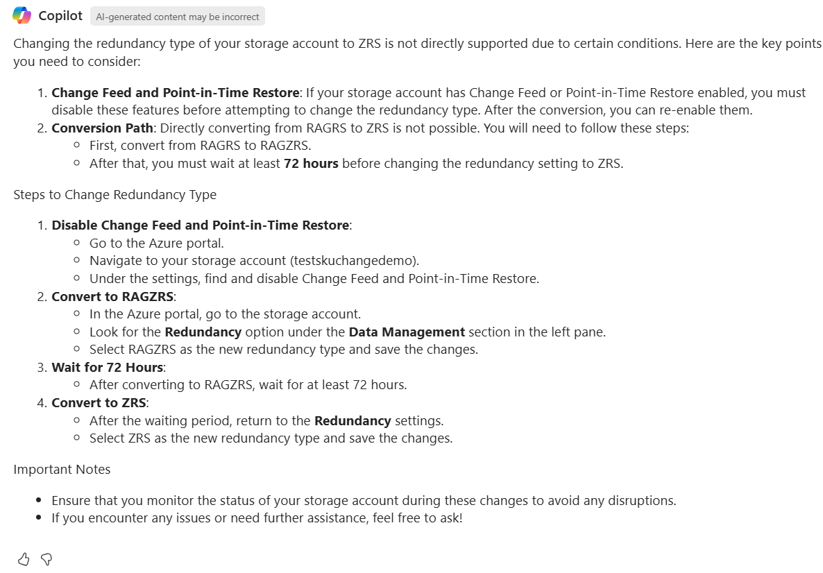 Screenshot of Microsoft Copilot in Azure providing conversion steps for a storage account.
