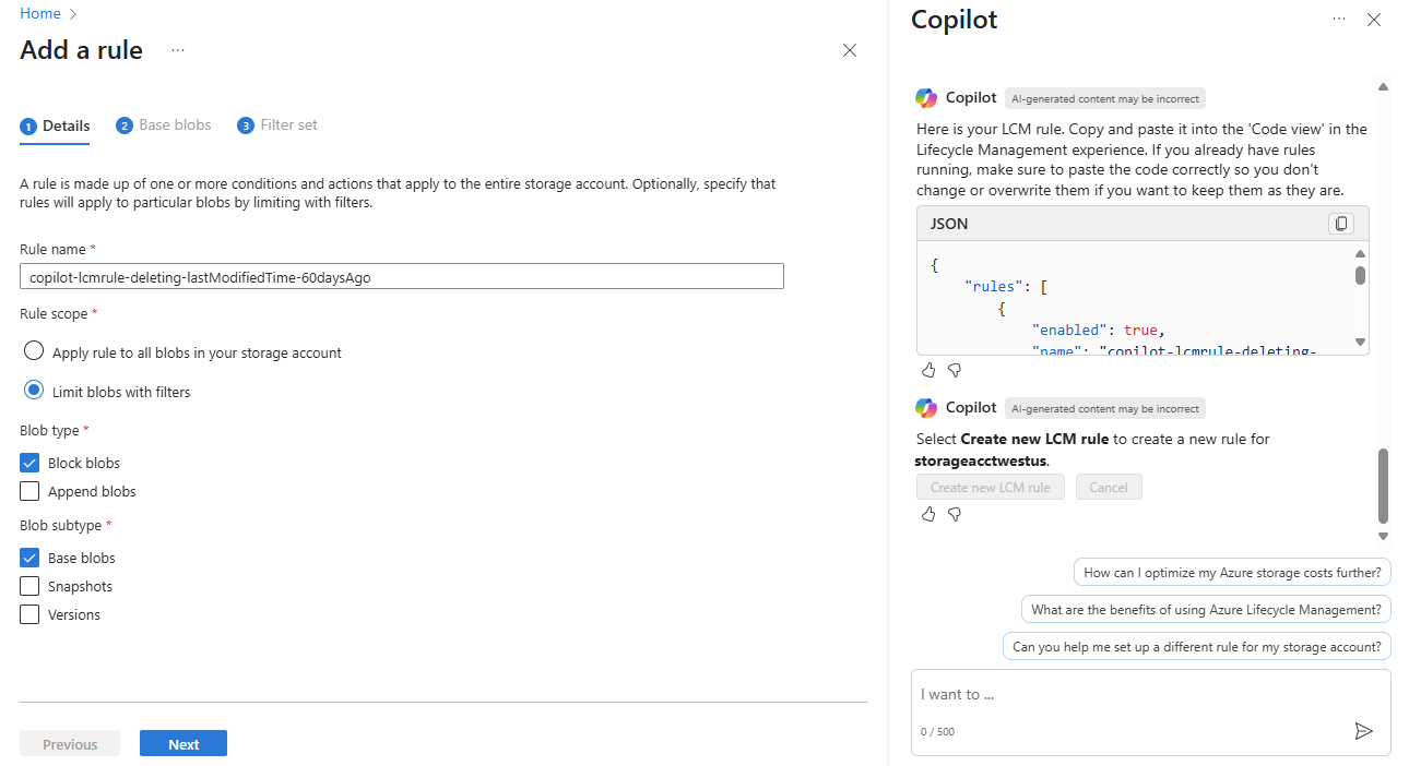 Screenshot of Microsoft Copilot in Azure providing a customized lifecycle management rule for a storage account.