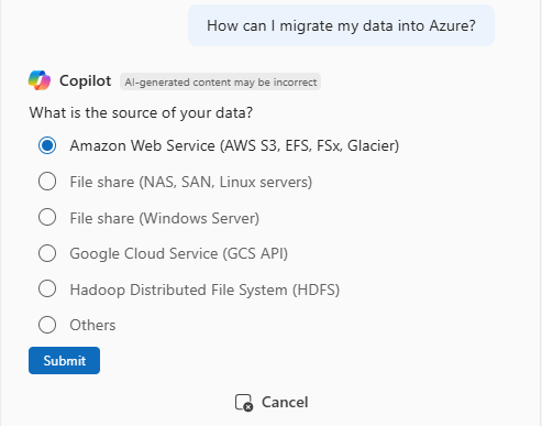 Screenshot of Copilot in Azure responding to a question about migrating data to Azure.