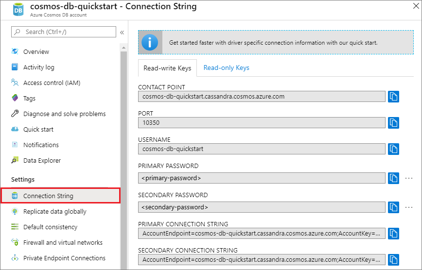 View and copy an access user name, password and contact point in the Azure portal, connection string blade