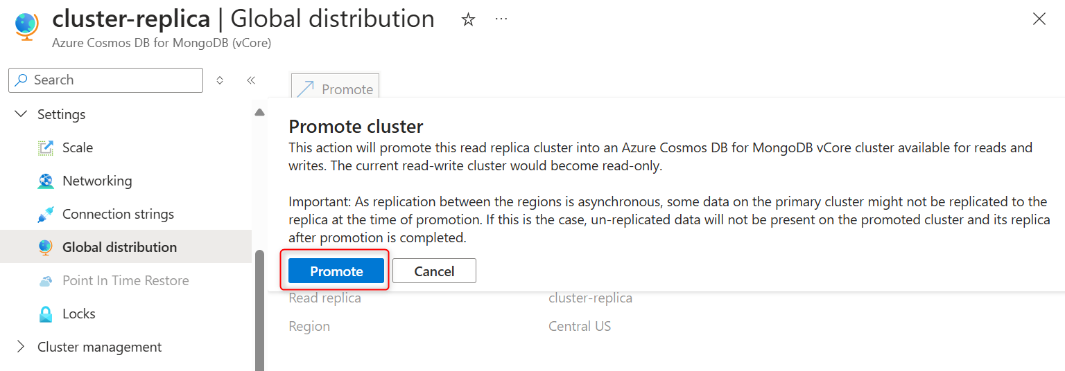 Screenshot of the replica cluster's global distribution page with the promotion confirmation pop-up window.