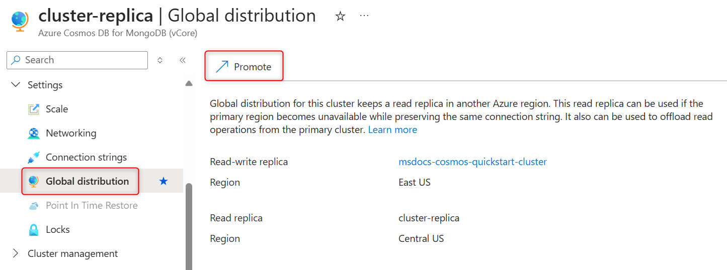Screenshot of the  replica cluster's global distribution page with the promote button.