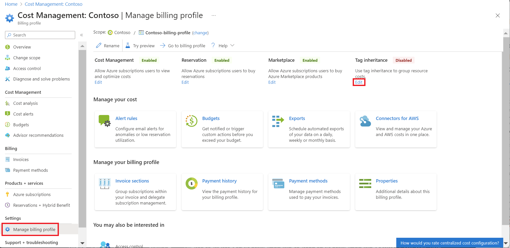Screenshot showing the Edit option for Tag inheritance for an MCA billing profile.
