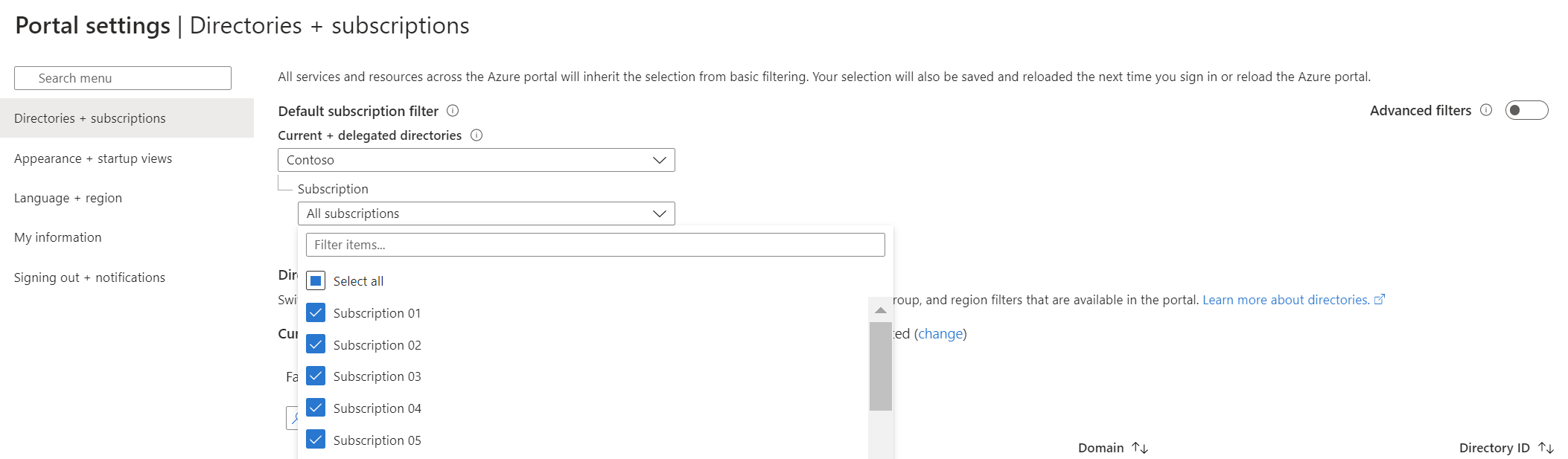 Screenshot showing the default subscription filter.
