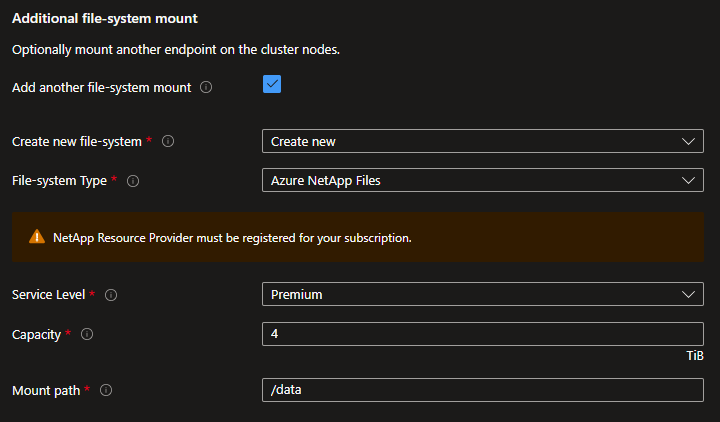 Screenshot of the Additional File-system mount for create new Azure NetApp Files.