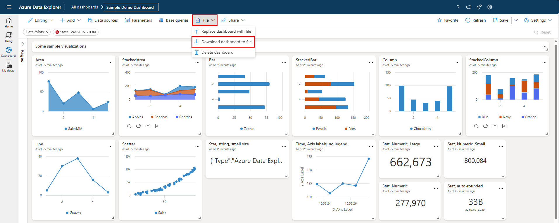 Screenshot of dashboard, showing the export to file option.