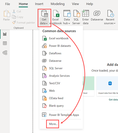Screenshot of the Home tab in Power BI Desktop, showing the dropdown menu of the Home tab entry titled Get data with the More option highlighted.