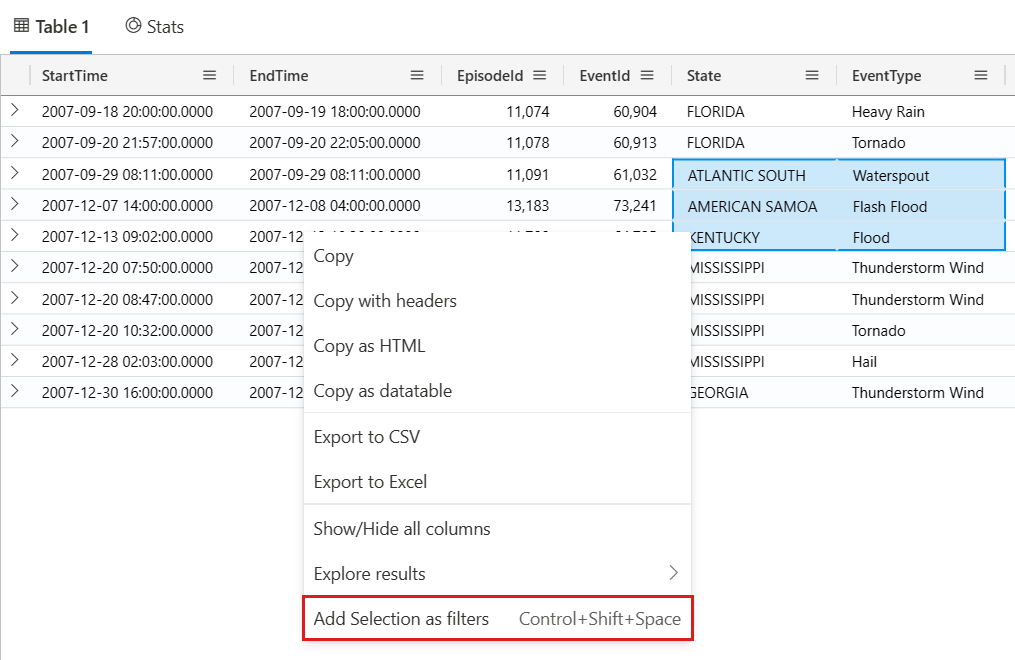 Screenshot of a dropdown menu with the Add selection as filter option to query directly from the grid.