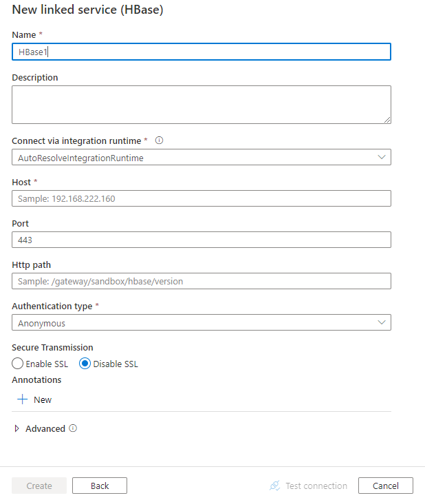 Screenshot of linked service configuration for HBase.