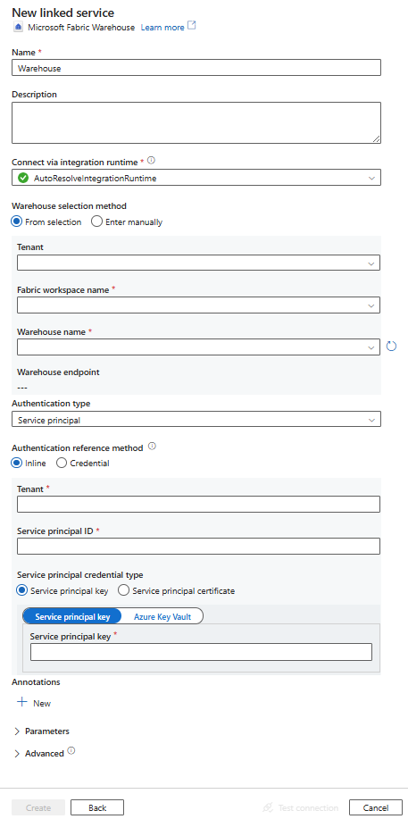 Screenshot of configuration for Microsoft Fabric Warehouse linked service.