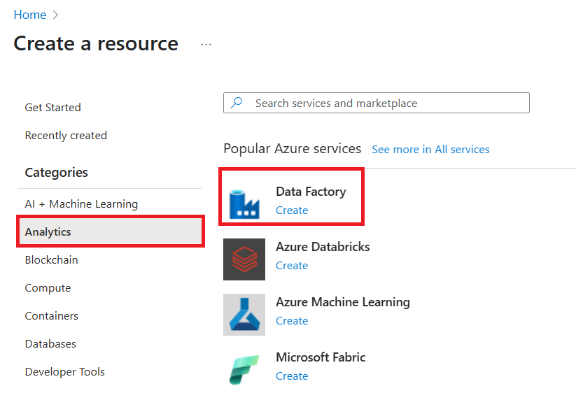 Shows a screenshot of the Data Factory selection in the &quot;New&quot; pane.