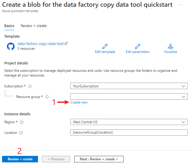 Screenshot of the page for deploying a template for the creation of resources.
