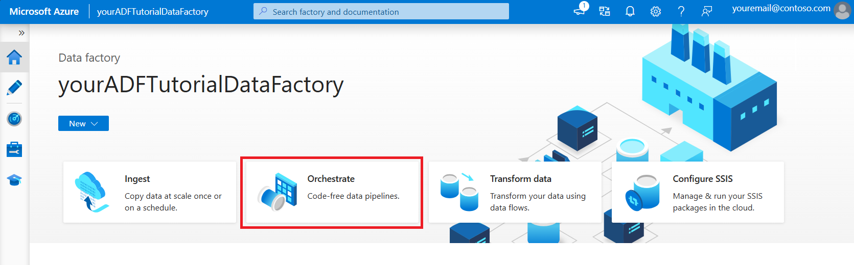 Screenshot that shows the data factory home page with the Orchestrate button highlighted.