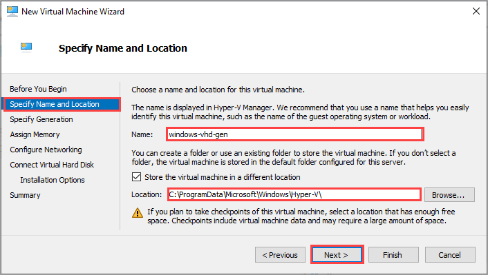 Specify name and ___location for your VM