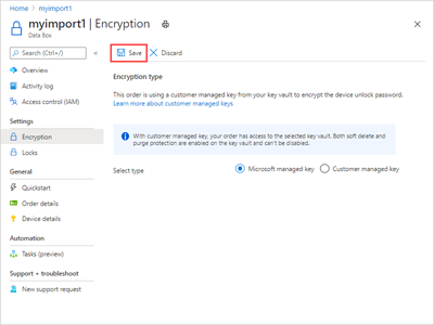 Screenshot showing the ___location of the button used to save the updated encryption settings for a Microsoft managed key.