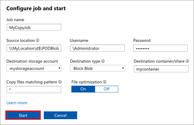Screenshot showing the ___location of the Start button within the 'Configure job and start' dialog box.