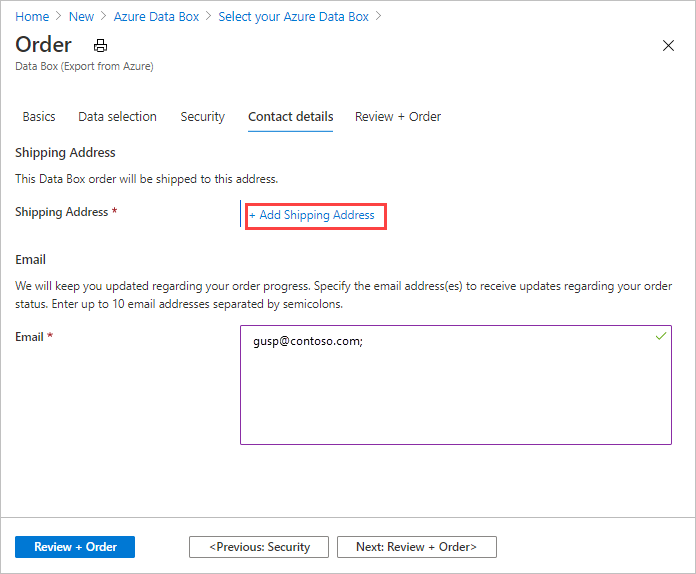 Screen capture showing the data fields on the Contact Details tab for a Data Box export order with the Add Shipping Address link highlighted.