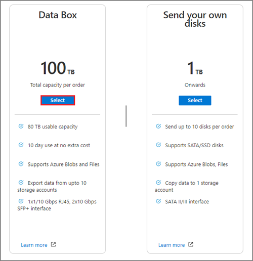 Screen capture of the available Data Box capacity options when creating a Data Box export order.