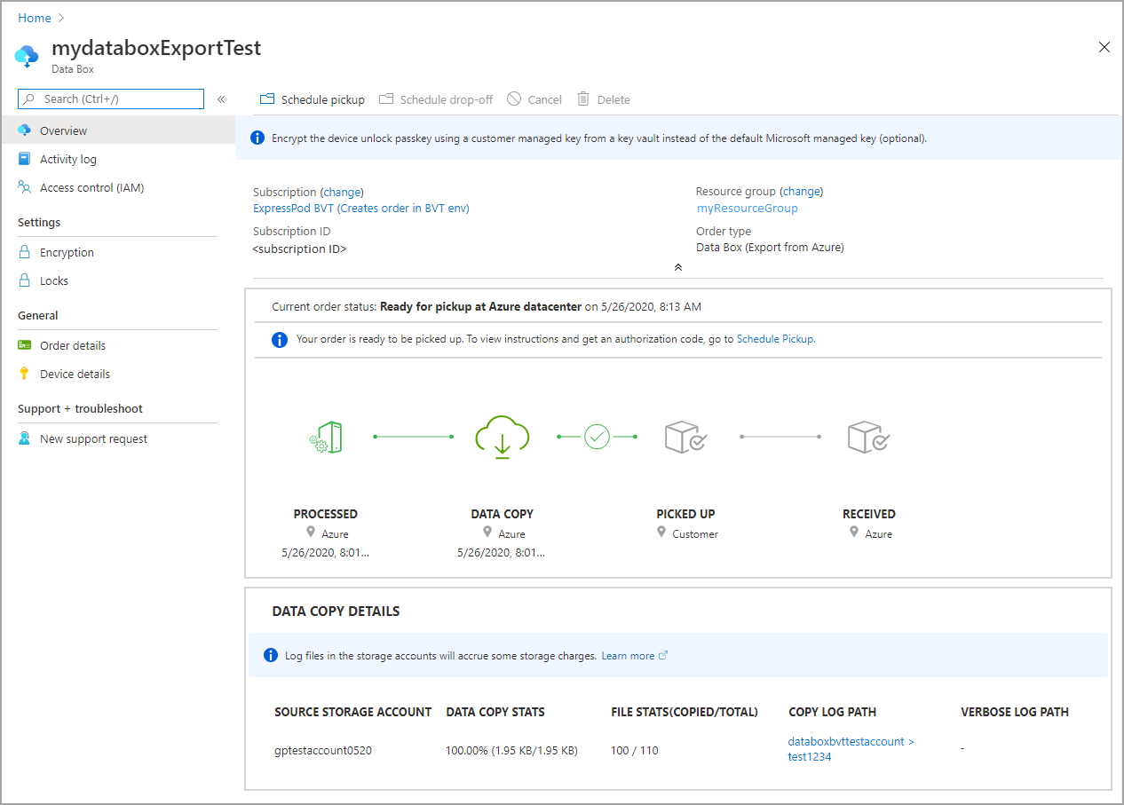 Screen capture of a Data Box order using Self-managed shipping when ready for pickup.
