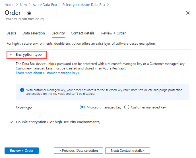 Screen capture showing the data fields on the Security tab for a Data Box export order with Encryption Type settings controls expanded.