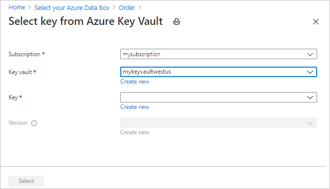 Screen capture of the controls present when configuring existing Azure Key Vault settings in the Data Box export order's Security tab.