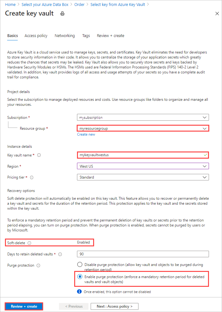 Screen capture of the controls present when creating a new Azure Key Vault key in the Data Box export order's Security tab.