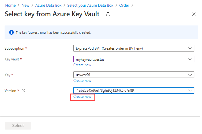Screen capture showing the confirmation message when creating a new Azure Key Vault key to provide a customer-managed key in the Data Box export order's Security tab.