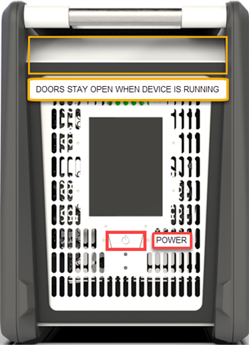 Screenshot showing the ___location of the Data Box power button, illustrating that the door will remain open while the device is operating.