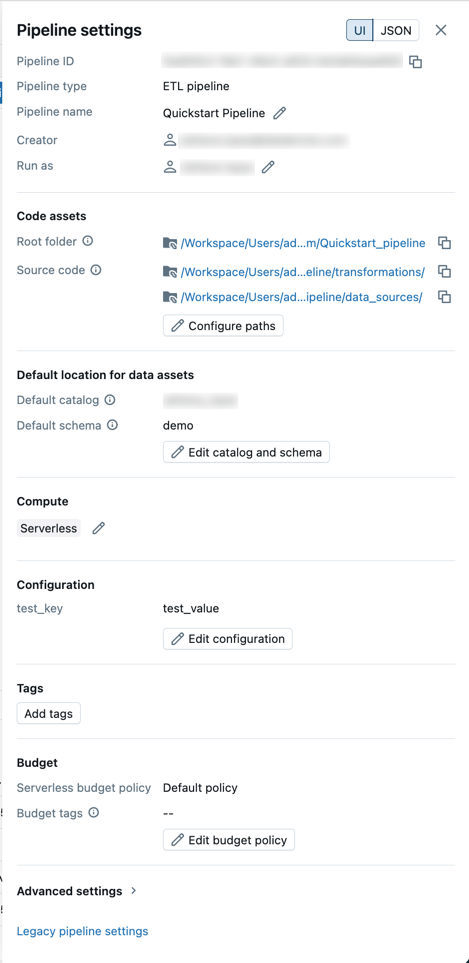 Pipeline settings