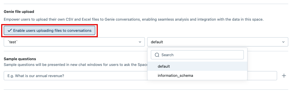 A set up screen showing Genie file uploads enabled with drop-down menus to select a catalog and schema.