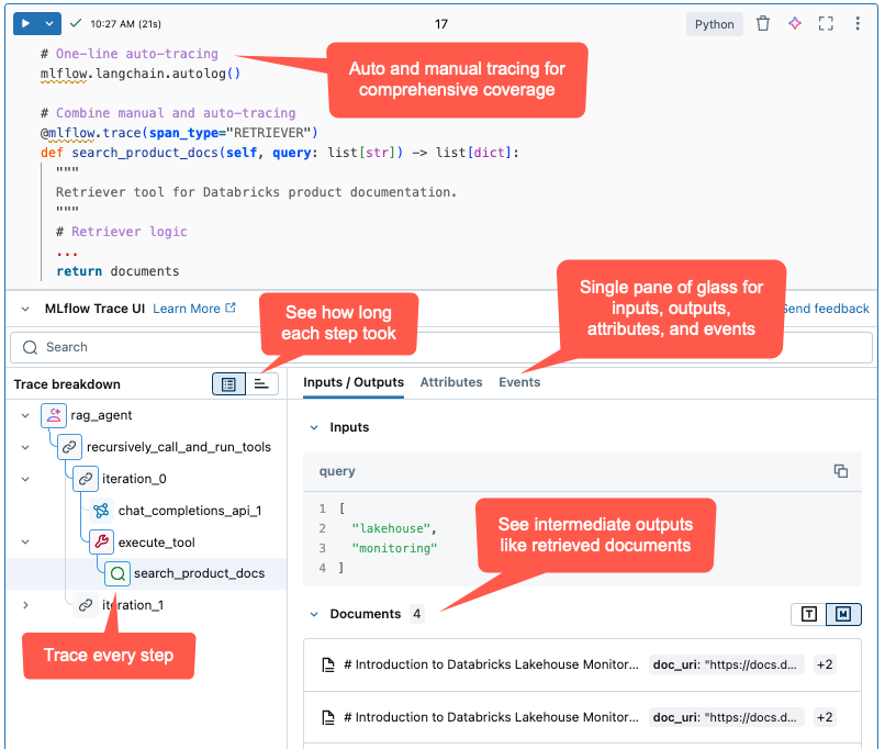 In-line tracing captures detailed information for each step in a gen AI app