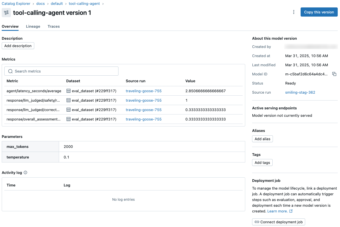 Model version page in Unity Catalog showing metrics from multiple runs.