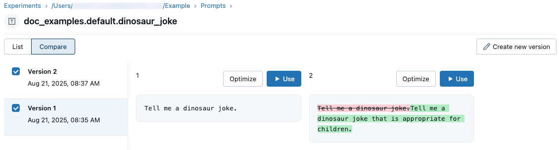 Prompt versions UI.